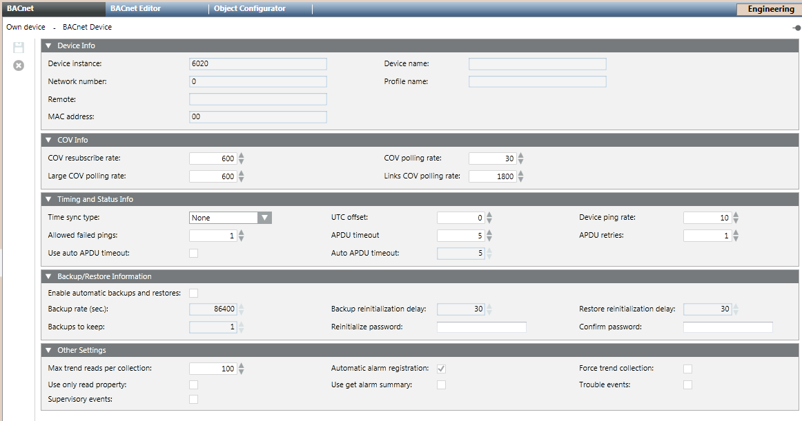BACnet Communication Parameters in the BACnet Device, Default Settings